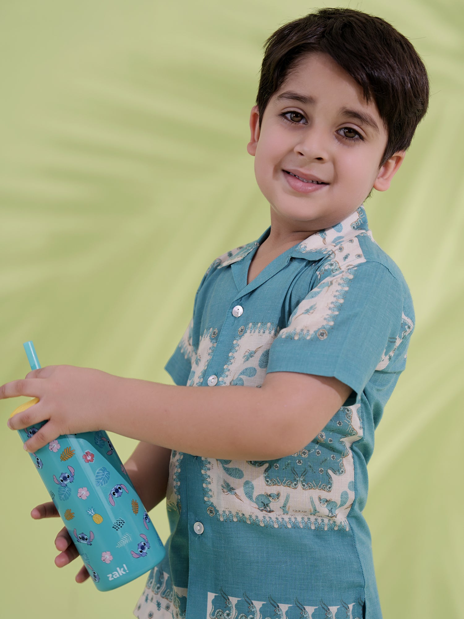 Teal Cream Half Sleeves Abstract Printed Boys Co-Ords - AJ Dezines