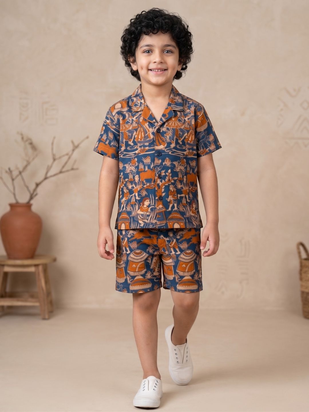 Blue Tribal Print Pure Cotton Half Sleeves Fashion Outfit Co-Ords For Kids Boys