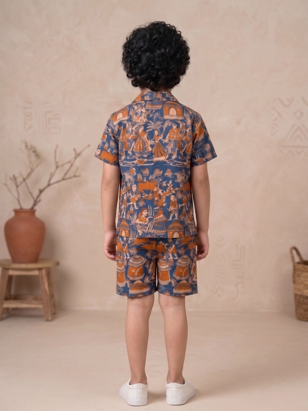 Blue Tribal Print Pure Cotton Half Sleeves Fashion Outfit Co-Ords For Kids Boys