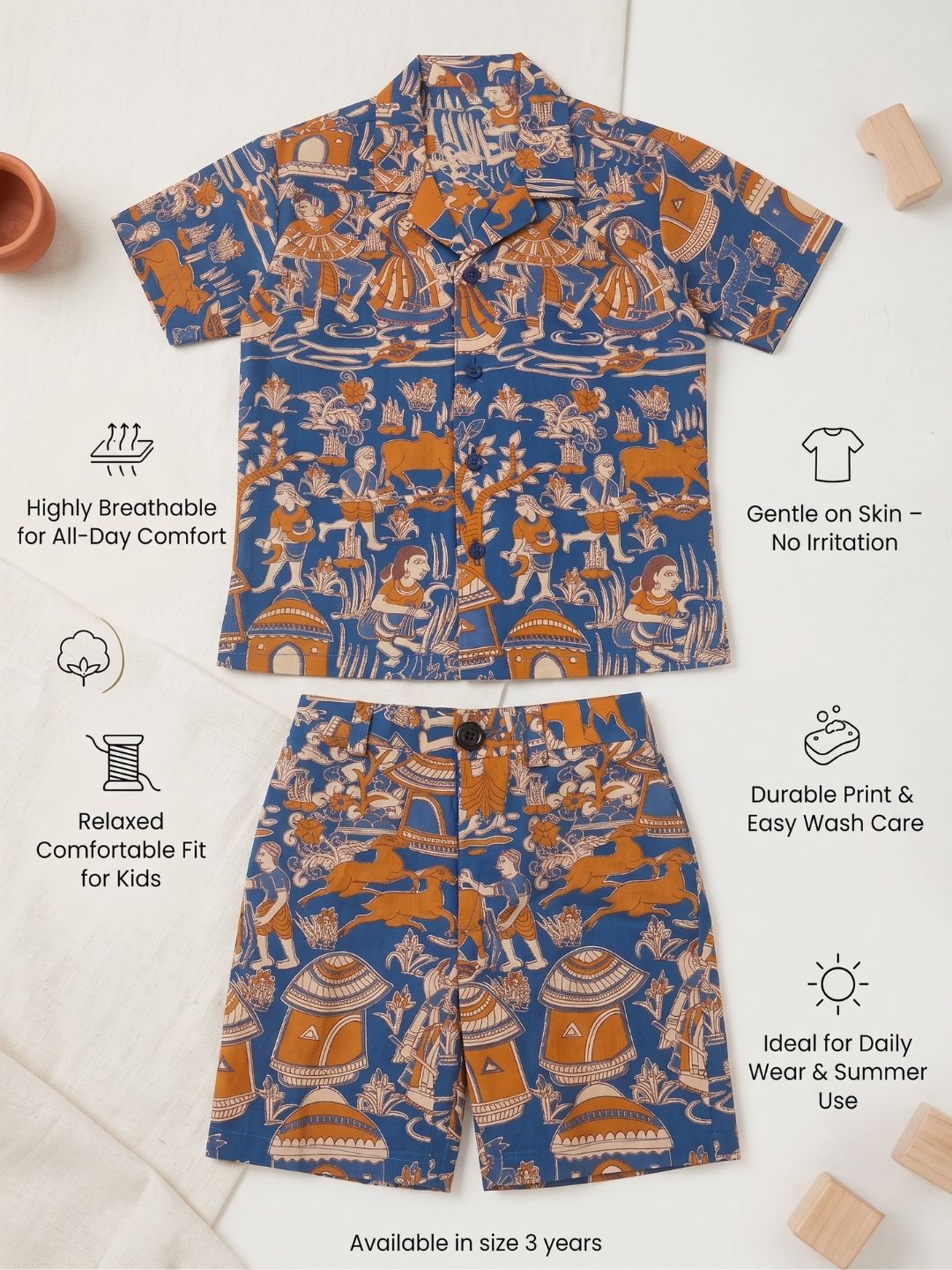 Blue Tribal Print Pure Cotton Half Sleeves Fashion Outfit Co-Ords For Kids Boys