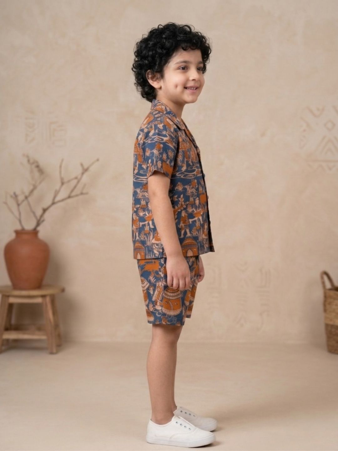 Blue Tribal Print Pure Cotton Half Sleeves Fashion Outfit Co-Ords For Kids Boys