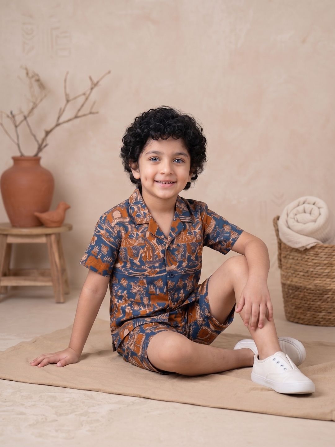 Blue Tribal Print Pure Cotton Half Sleeves Fashion Outfit Co-Ords For Kids Boys