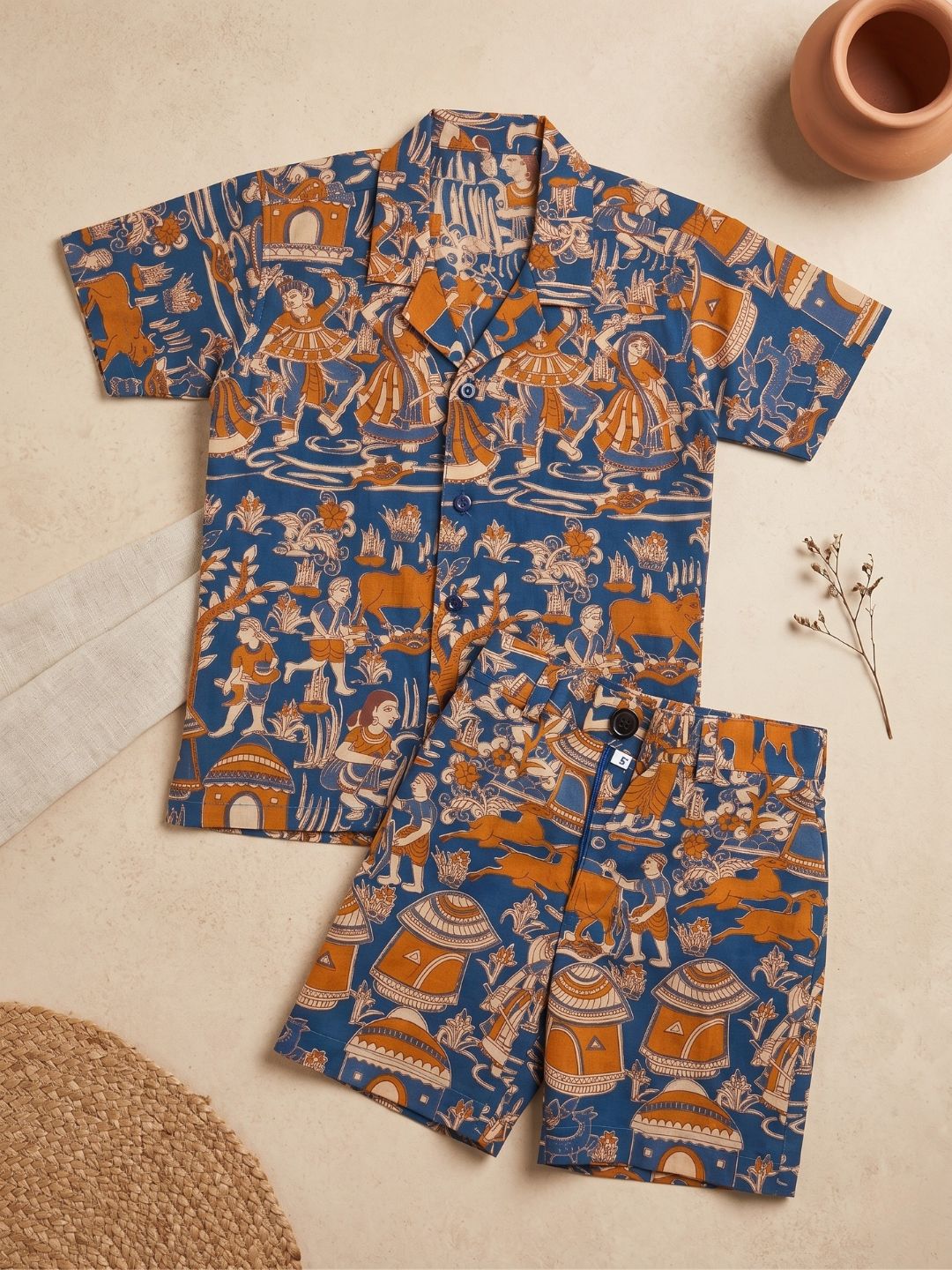 Blue Tribal Print Pure Cotton Half Sleeves Fashion Outfit Co-Ords For Kids Boys