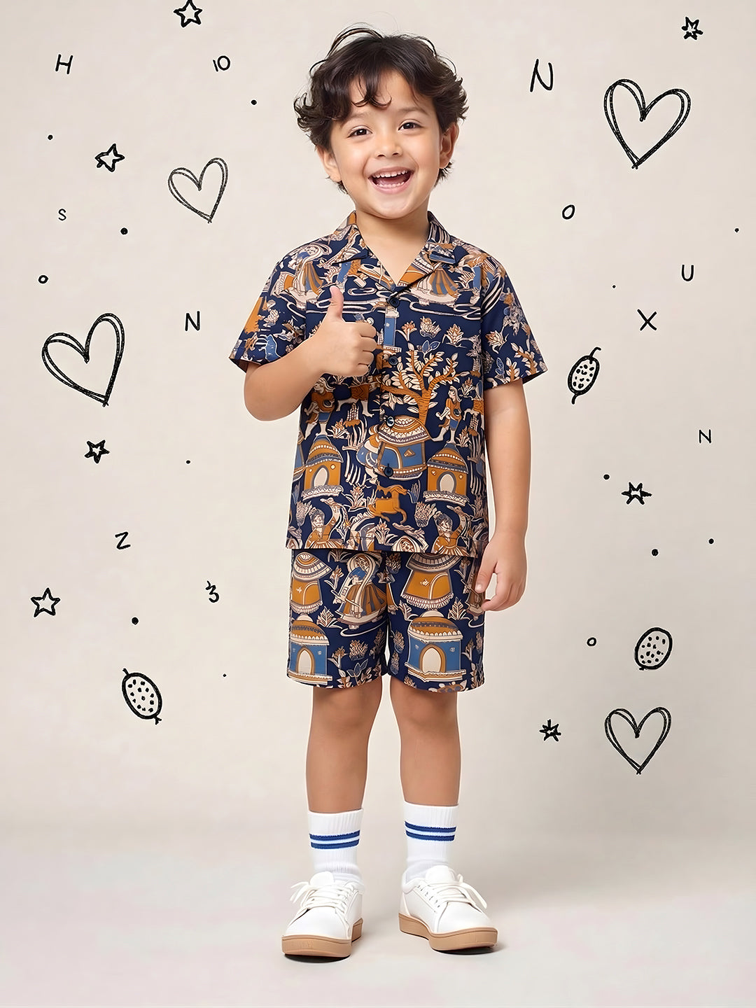 Navy Blue Tribal Print Pure Cotton Half Sleeves Fashion Outfit Co-Ords For Kids Boys