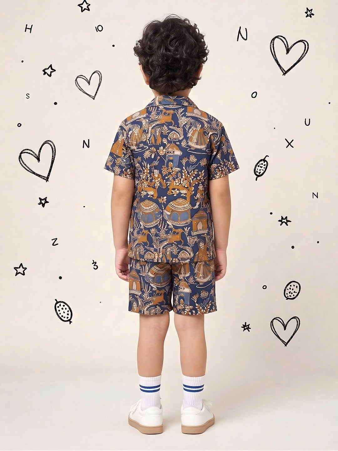 Navy Blue Tribal Print Pure Cotton Half Sleeves Fashion Outfit Co-Ords For Kids Boys