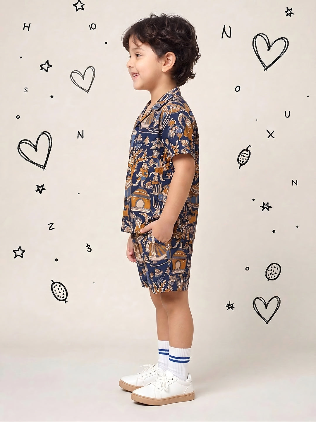 Navy Blue Tribal Print Pure Cotton Half Sleeves Fashion Outfit Co-Ords For Kids Boys