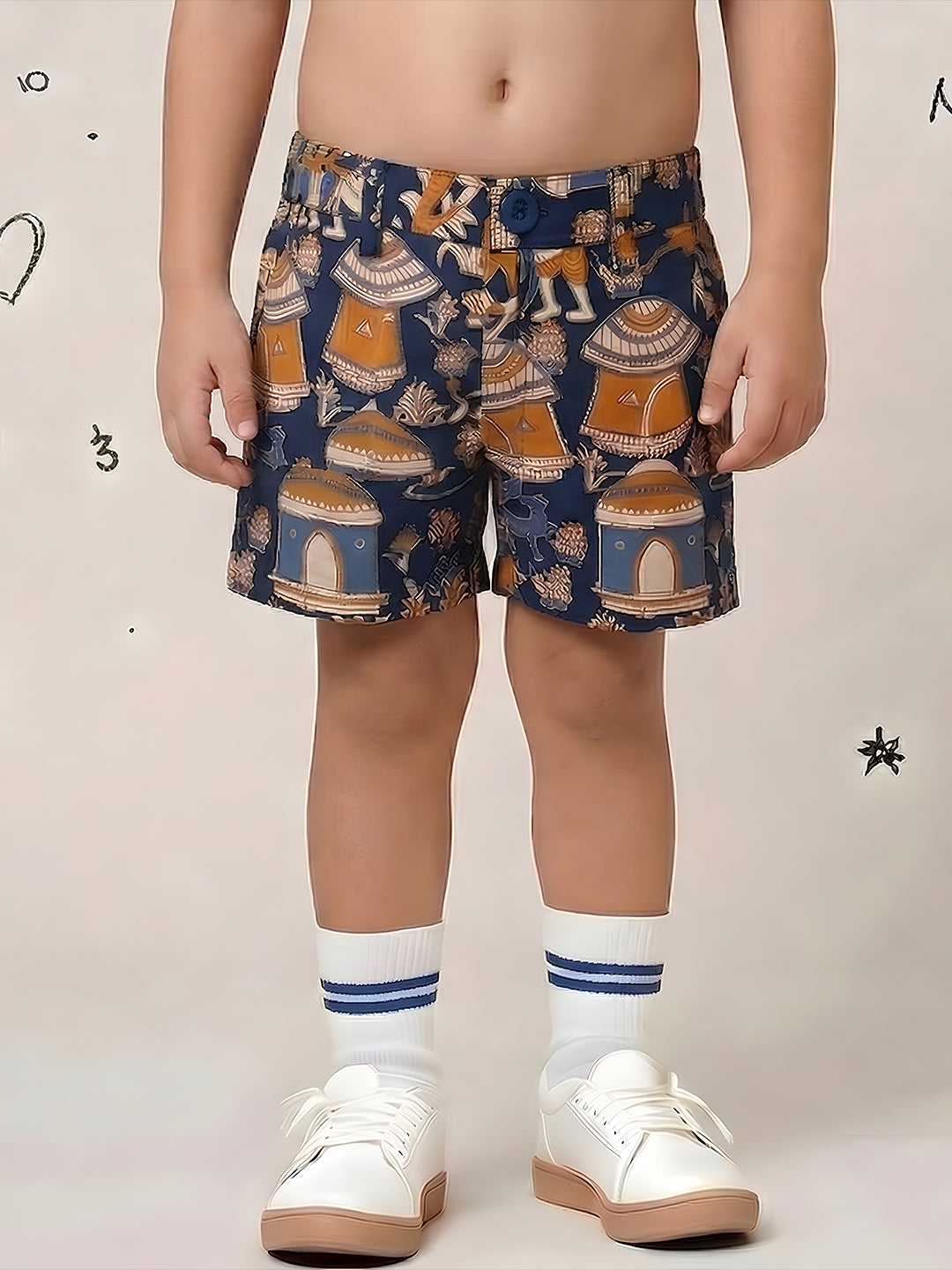 Navy Blue Tribal Print Pure Cotton Half Sleeves Fashion Outfit Co-Ords For Kids Boys