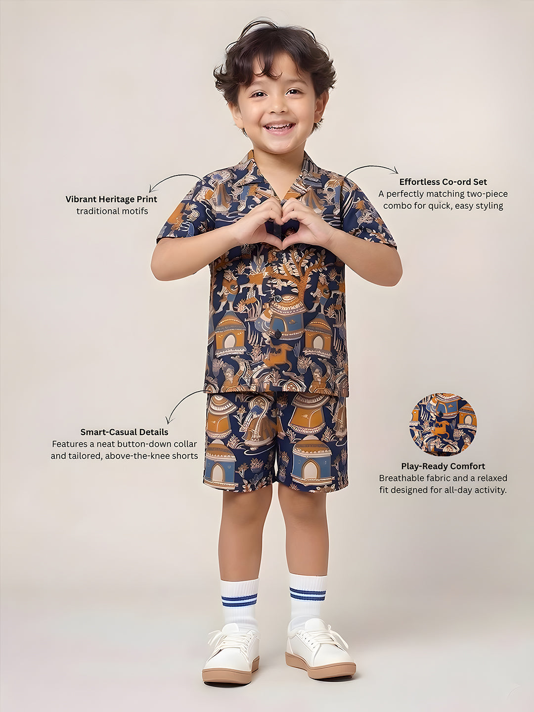 Navy Blue Tribal Print Pure Cotton Half Sleeves Fashion Outfit Co-Ords For Kids Boys