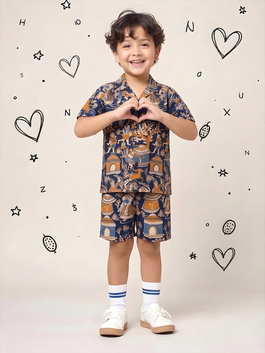 Navy Blue Tribal Print Pure Cotton Half Sleeves Fashion Outfit Co-Ords For Kids Boys