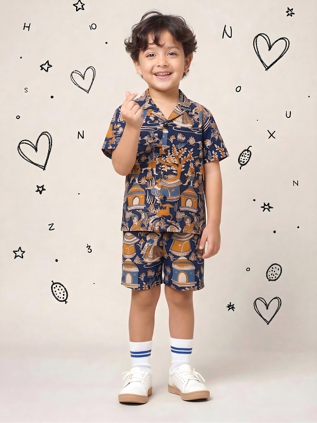 Navy Blue Tribal Print Pure Cotton Half Sleeves Fashion Outfit Co-Ords For Kids Boys
