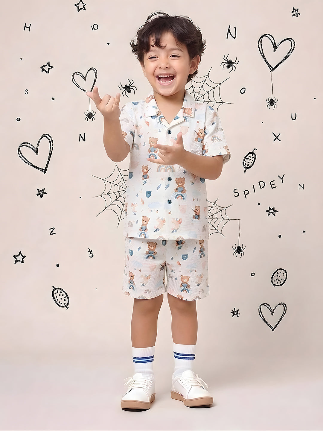 White Teddy Printed Pure Cotton Half Sleeves Casual Co-Ords Set For Kids Boys