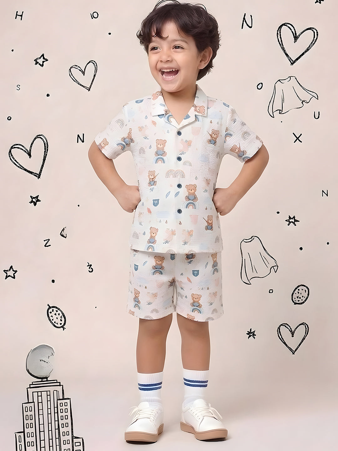 White Teddy Printed Pure Cotton Half Sleeves Casual Co-Ords Set For Kids Boys