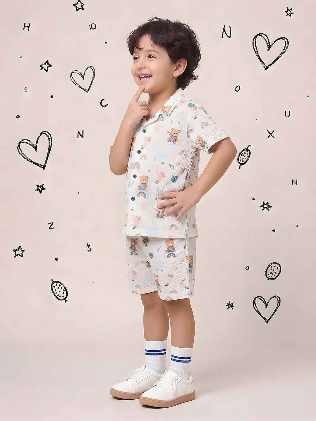 White Teddy Printed Pure Cotton Half Sleeves Casual Co-Ords Set For Kids Boys