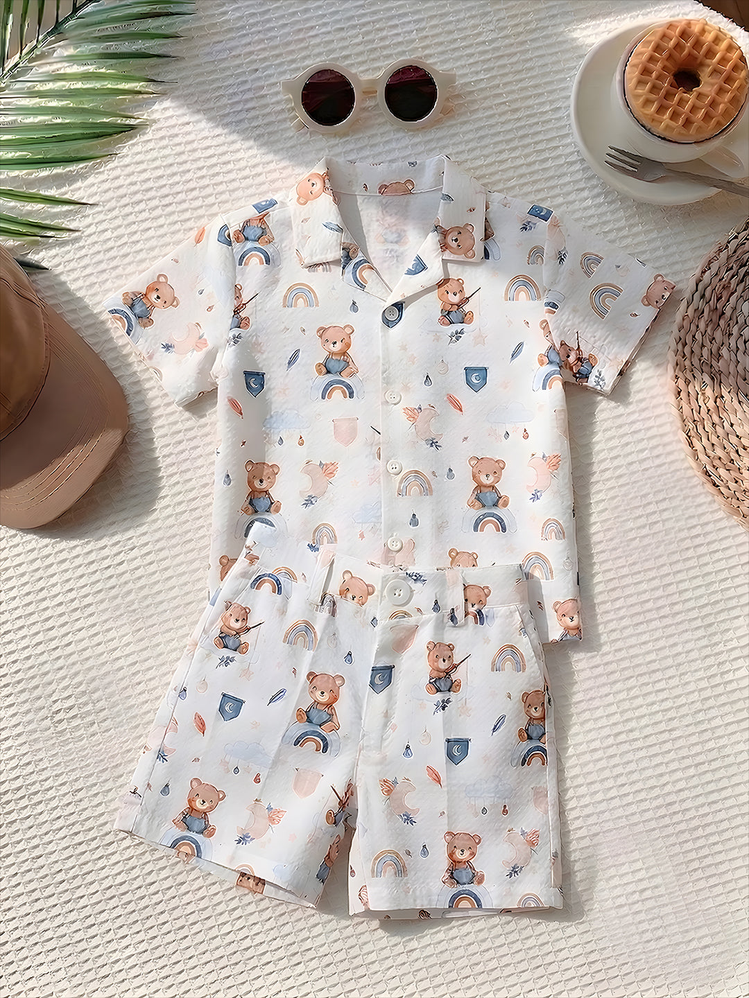 White Teddy Printed Pure Cotton Half Sleeves Casual Co-Ords Set For Kids Boys