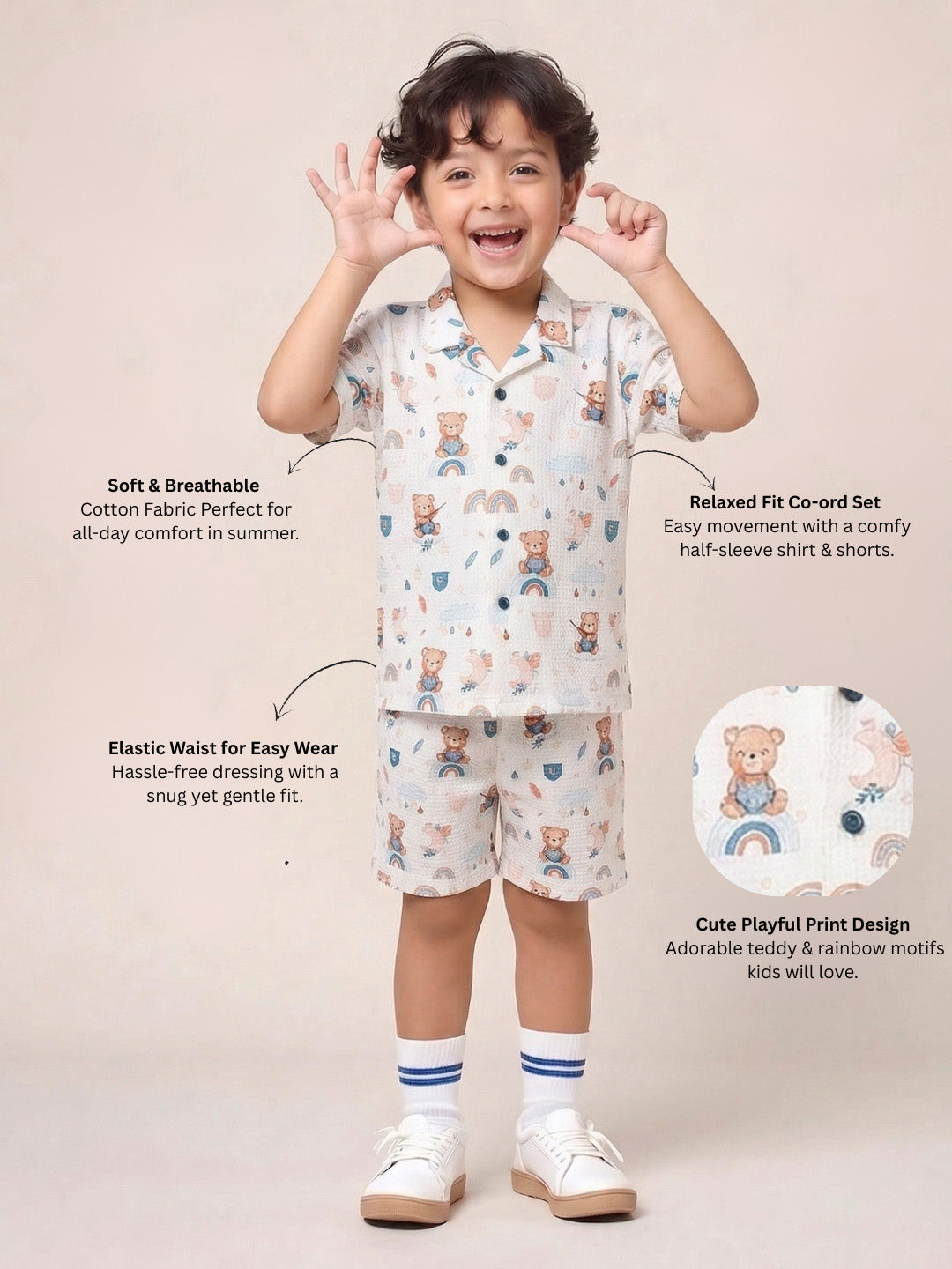 White Teddy Printed Pure Cotton Half Sleeves Casual Co-Ords Set For Kids Boys