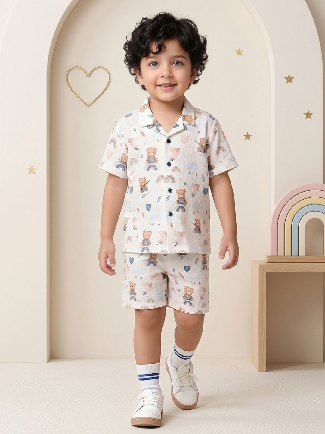 White Teddy Printed Pure Cotton Half Sleeves Casual Co-Ords Set For Kids Boys