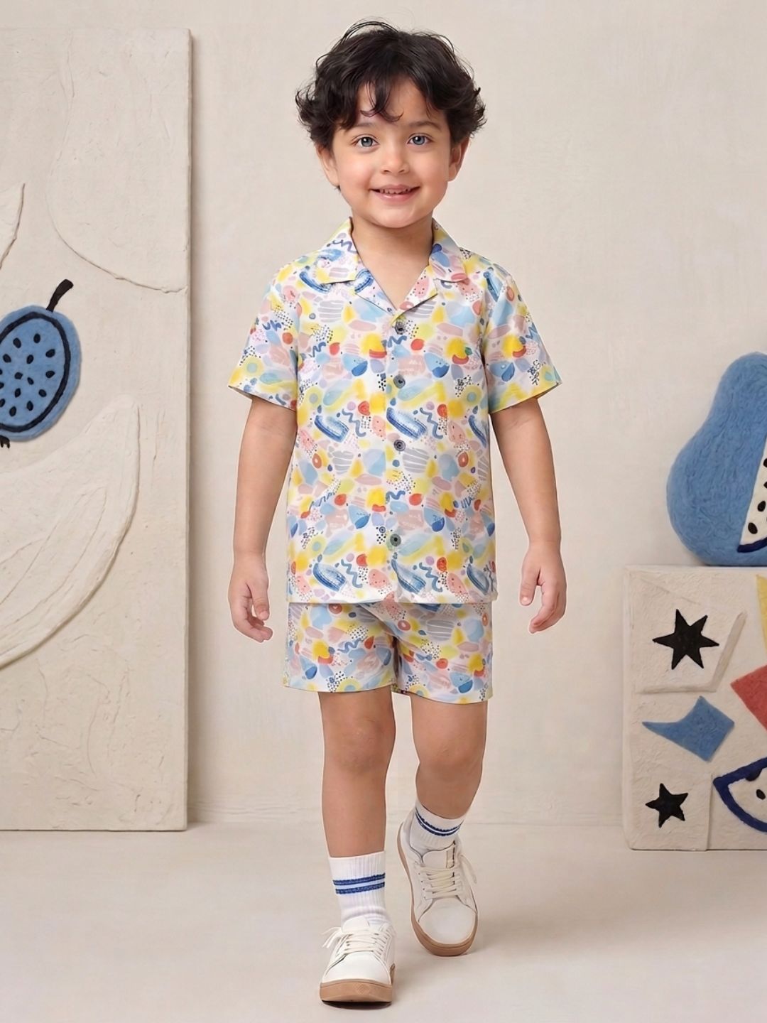 AJ Dezines White Crayon Pop Pure Cotton Half Sleeves Casual Co-Ords Set For Kids Boys