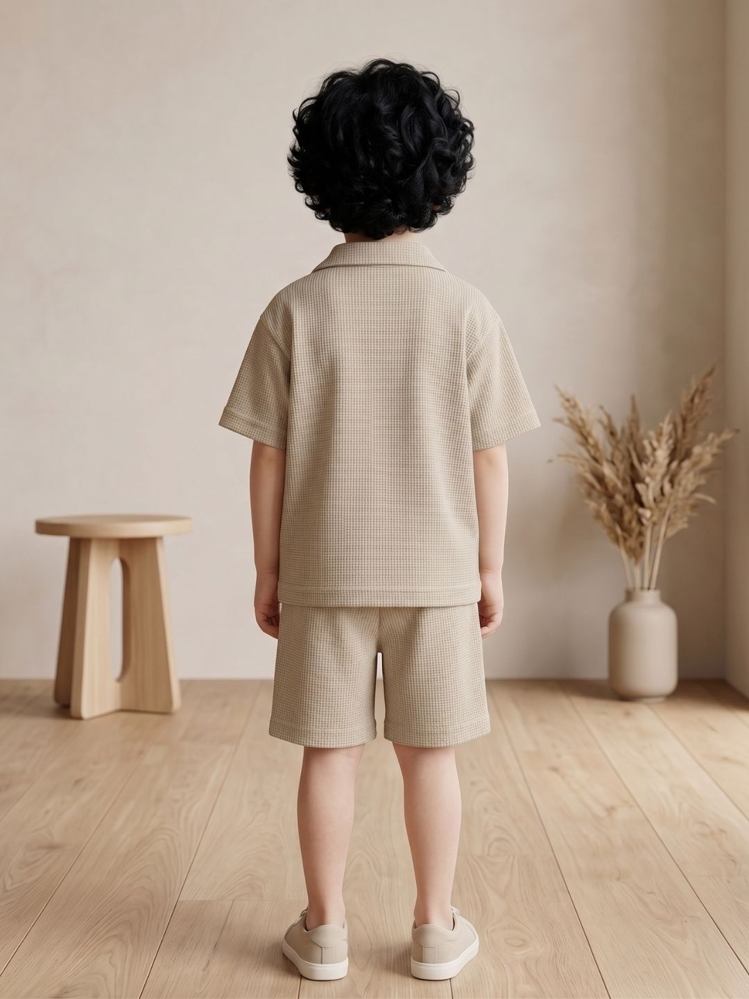 Beige Solid Cotton Oversized Co-Ords For Boys