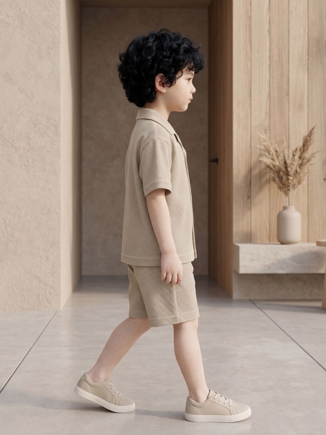 Beige Solid Cotton Oversized Co-Ords For Boys