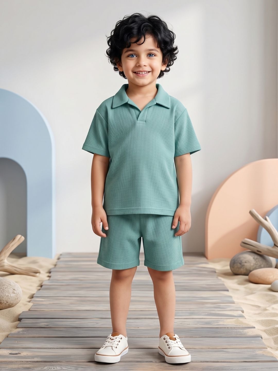 Teal Solid Cotton Oversized Co-Ords For Boys