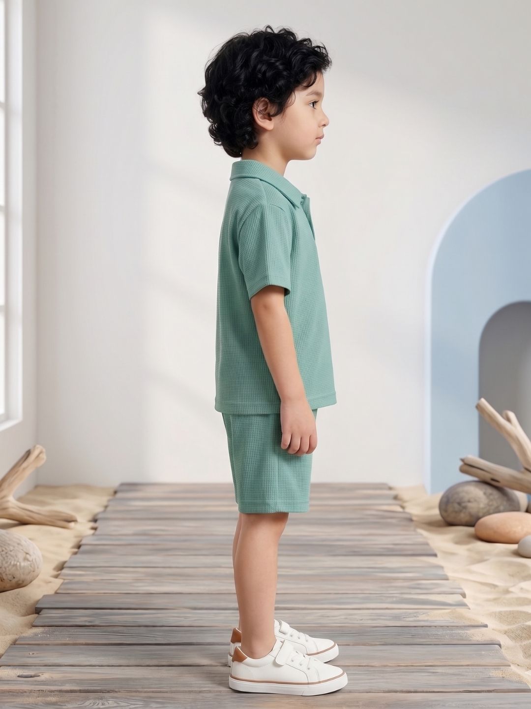 Teal Solid Cotton Oversized Co-Ords For Boys
