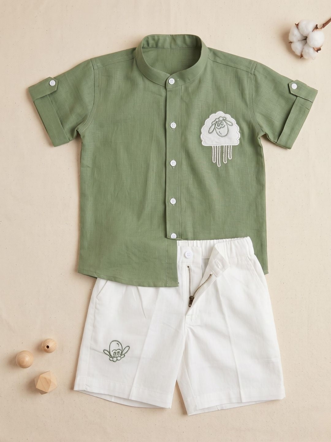 Green Sheep Embroidery Pure Cotton Co-Ords For Boys