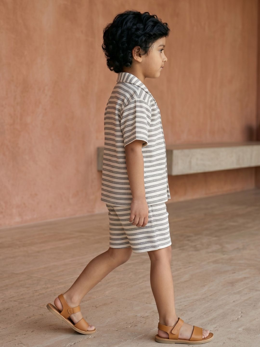 AJ Dezines Grey Striped Cotton Oversized Co-Ord Set for Boys | Half Sleeve Shirt & Shorts