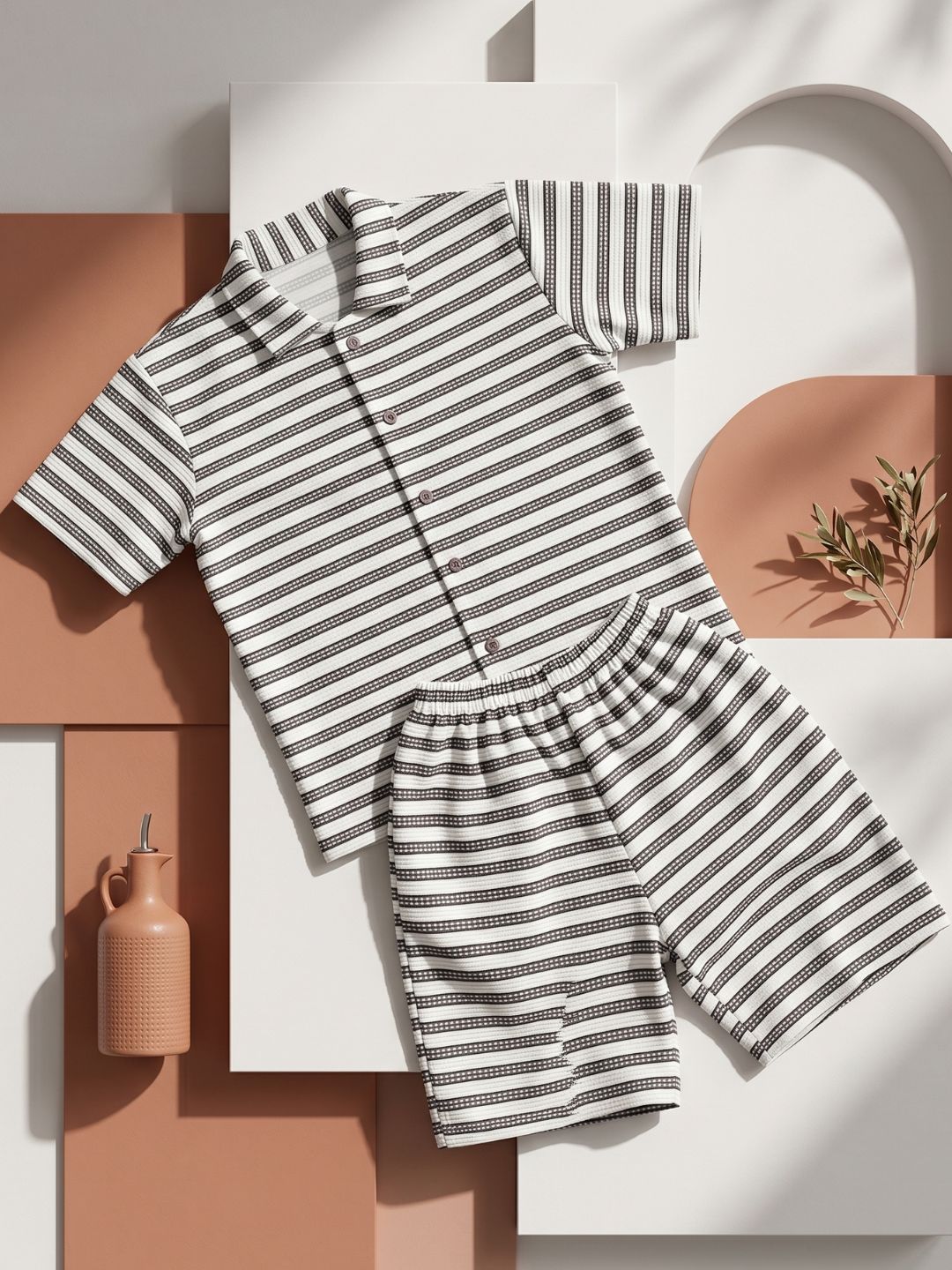 AJ Dezines Grey Striped Cotton Oversized Co-Ord Set for Boys | Half Sleeve Shirt & Shorts