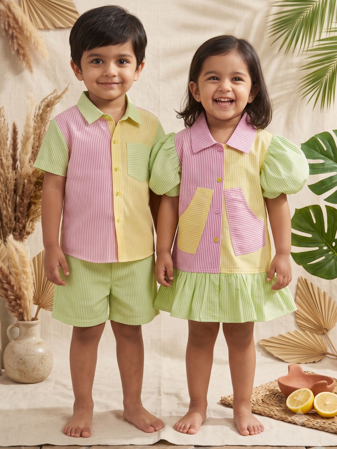 Green Stripe Cotton Blend Casual Wear Sibling Set for Kids | Matching Brother & Sister Outfit