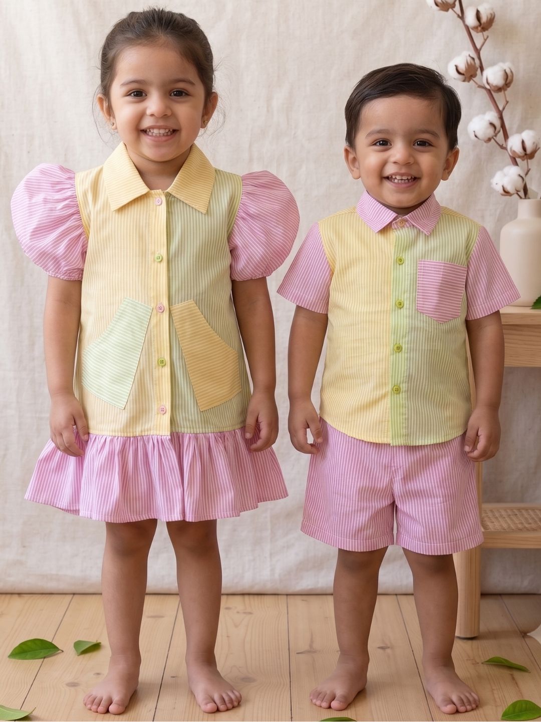 Pink Stripe Cotton Blend Casual Wear Sibling Set for Kids | Matching Brother & Sister Outfit