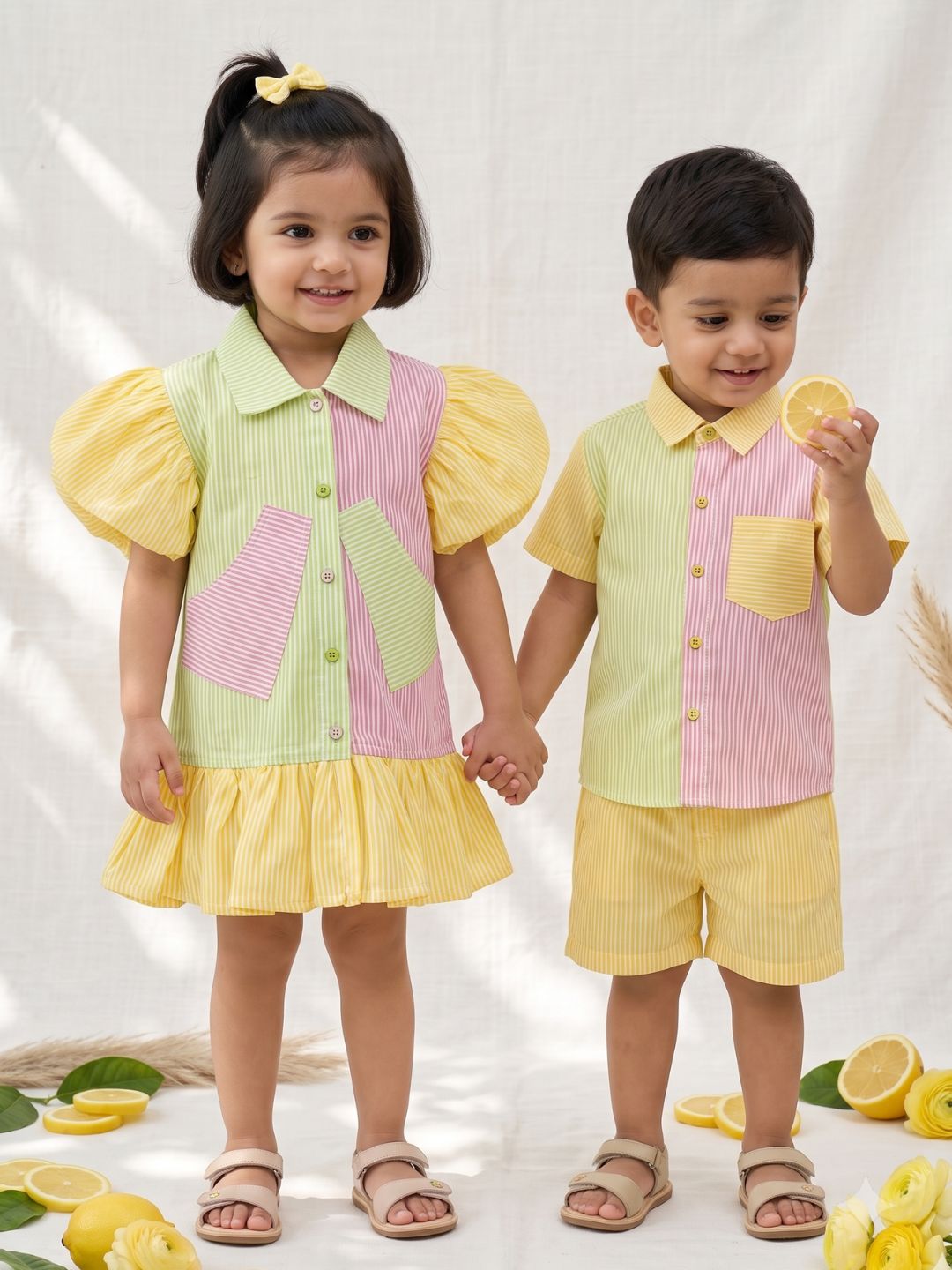 Yellow Stripe Cotton Blend Casual Wear Sibling Set for Kids | Matching Brother & Sister Outfit