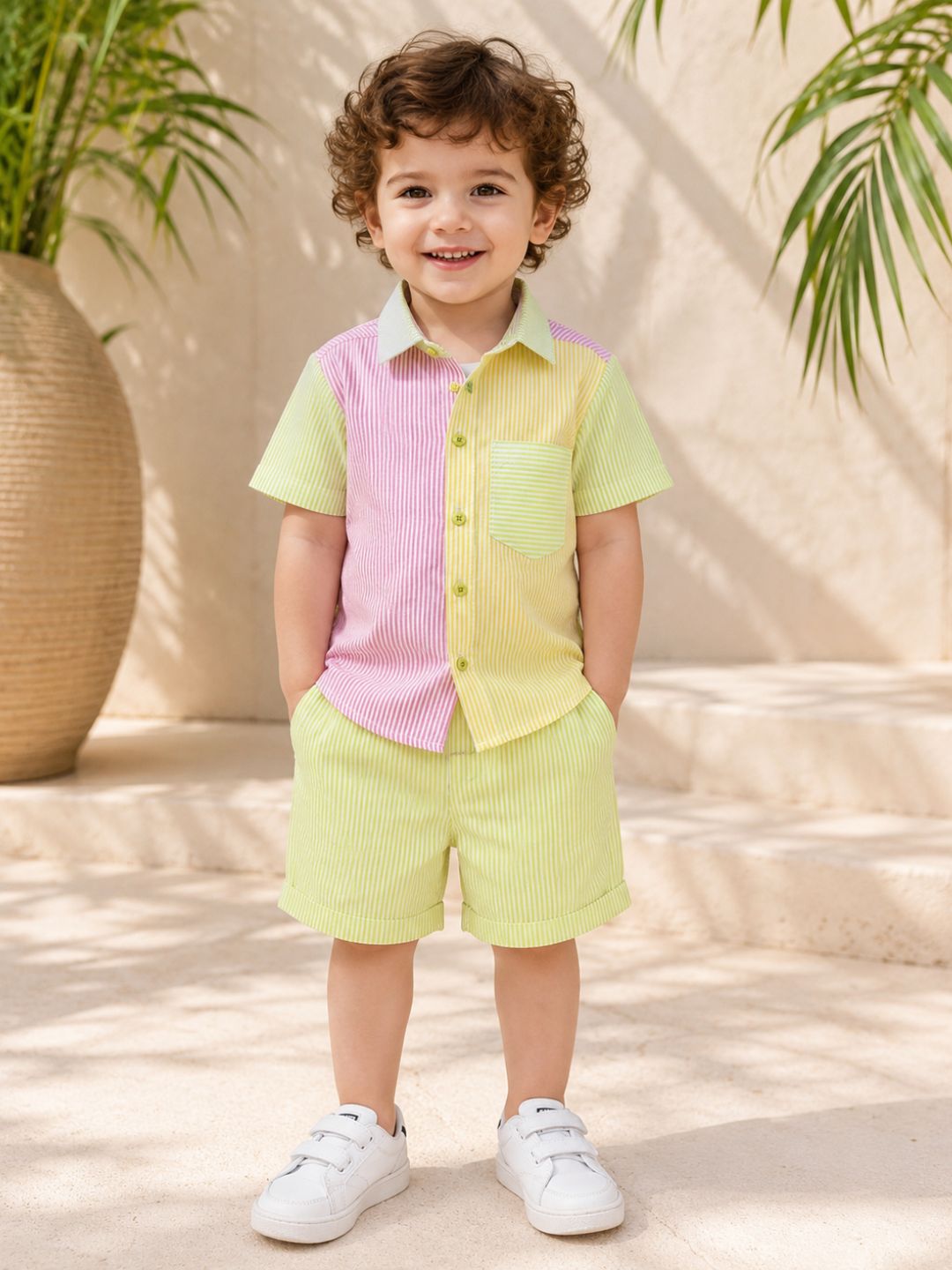 Green Stripe Cotton Blend Casual Wear Sibling Set for Kids | Matching Brother & Sister Outfit