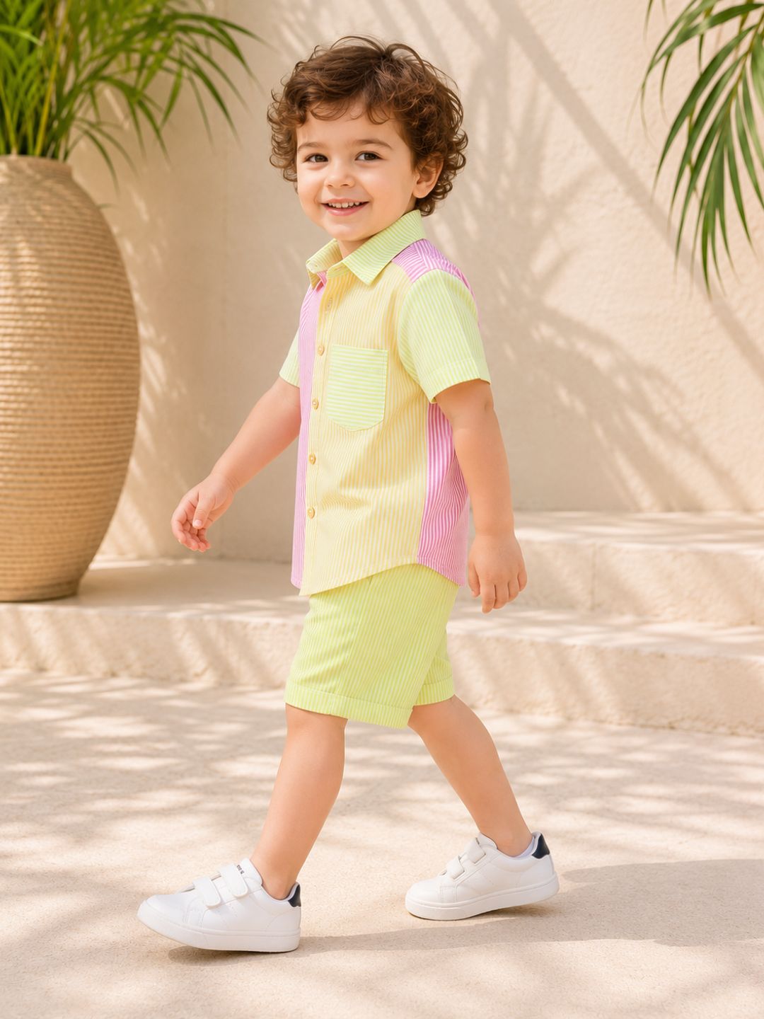 Green Stripe Cotton Blend Casual Wear Sibling Set for Kids | Matching Brother & Sister Outfit