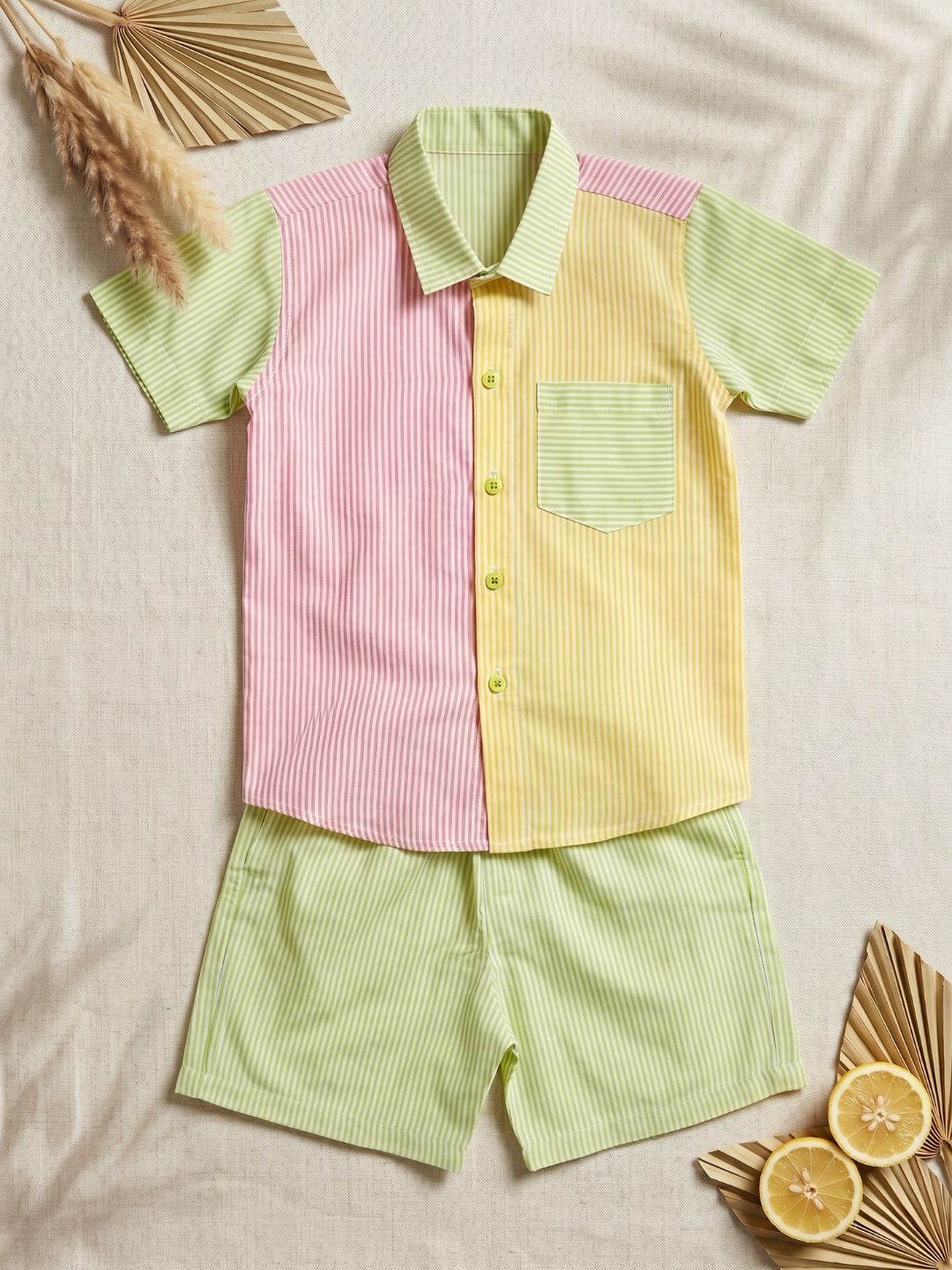 Green Stripe Cotton Blend Casual Wear Sibling Set for Kids | Matching Brother & Sister Outfit