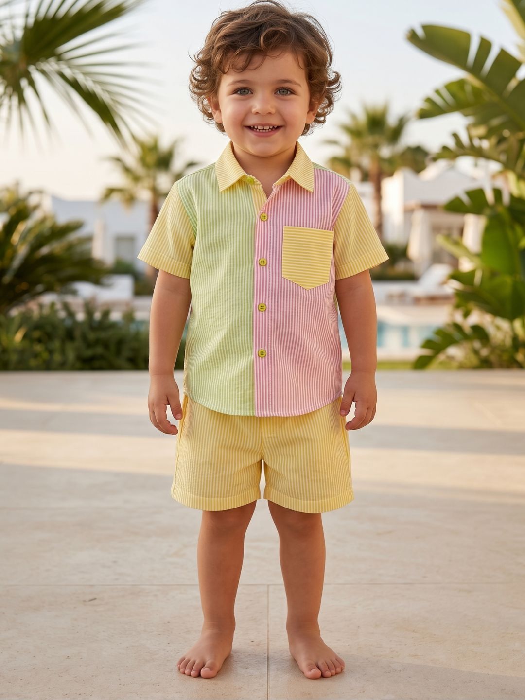 Yellow Stripe Cotton Blend Casual Wear Sibling Set for Kids | Matching Brother & Sister Outfit