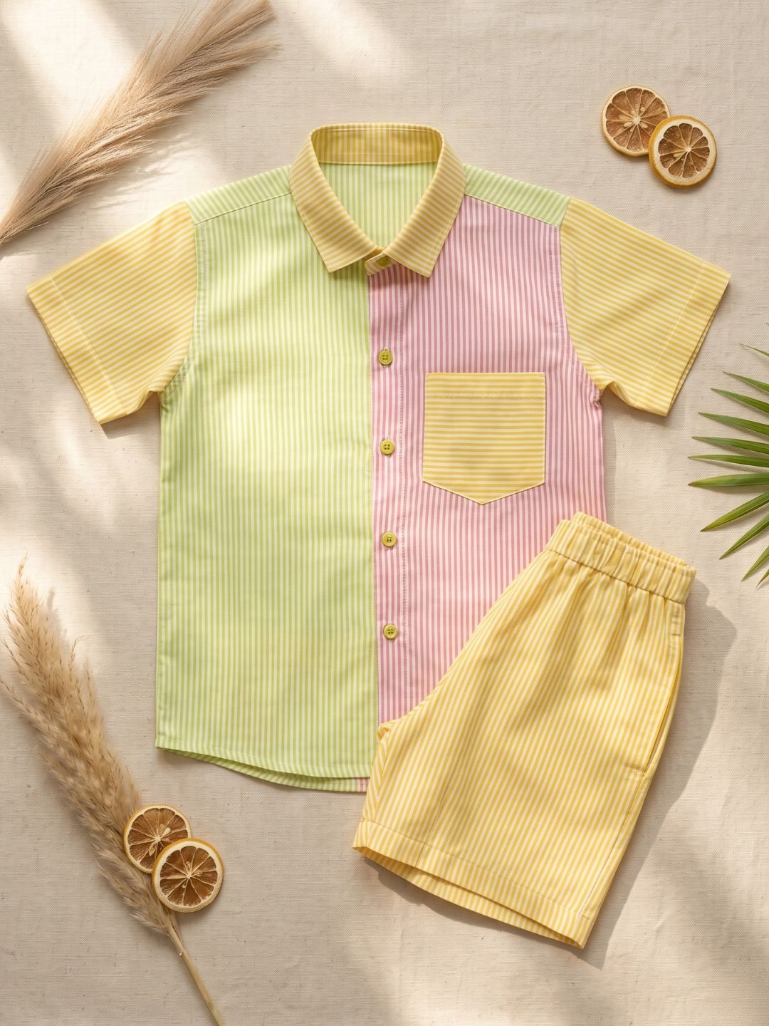 Yellow Stripe Cotton Blend Casual Wear Sibling Set for Kids | Matching Brother & Sister Outfit