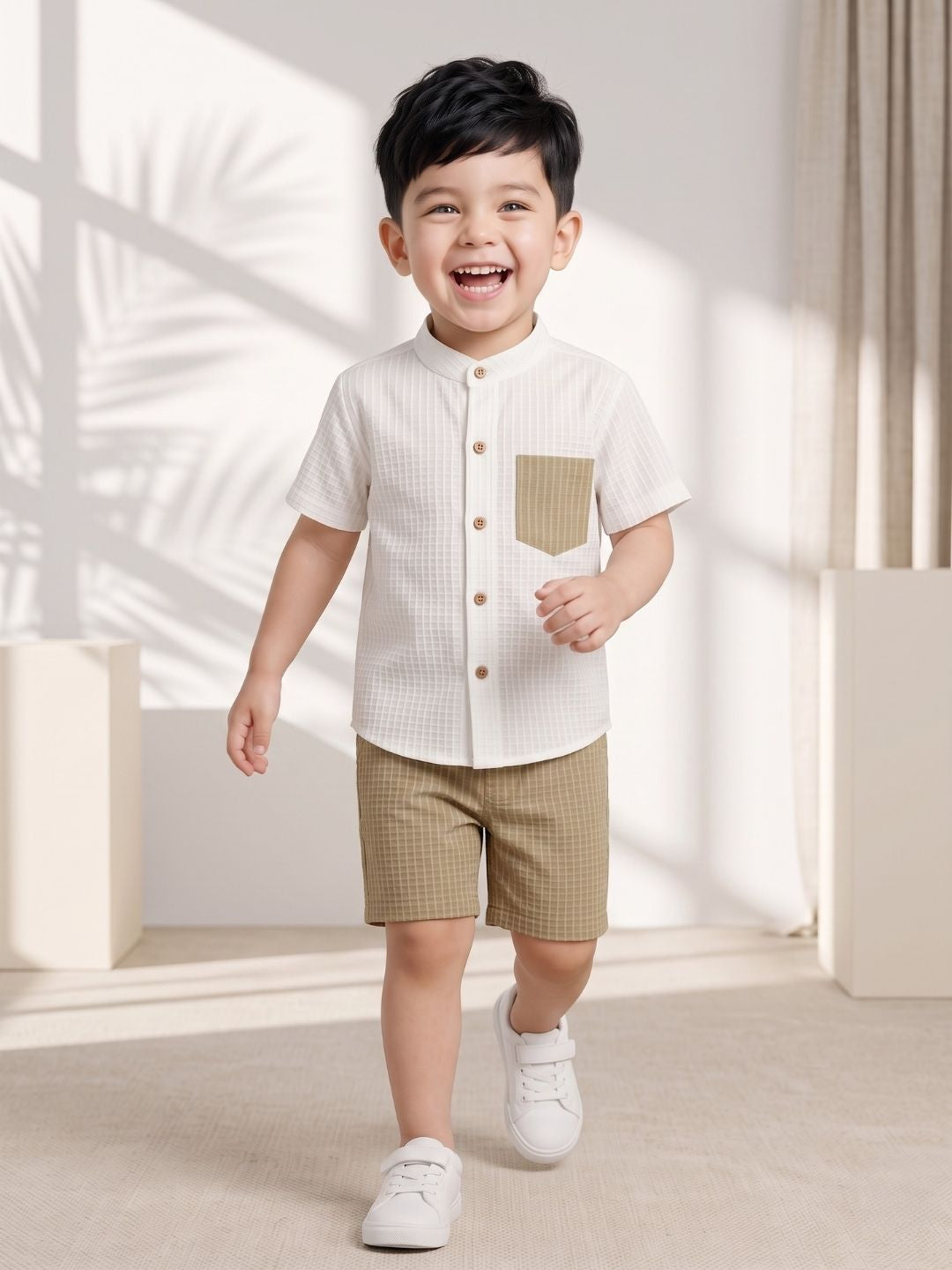 AJ Dezines Brown Box Textured Waffle Fabric Cotton Blend Co-Ords For Boys