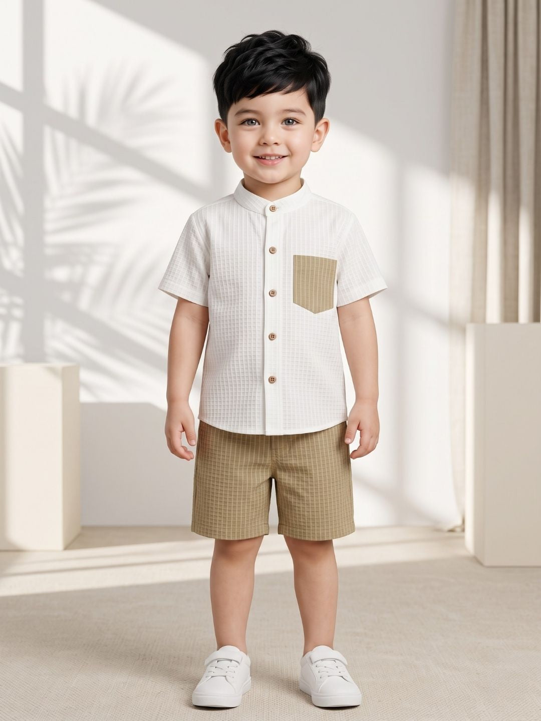 AJ Dezines Brown Box Textured Waffle Fabric Cotton Blend Co-Ords For Boys