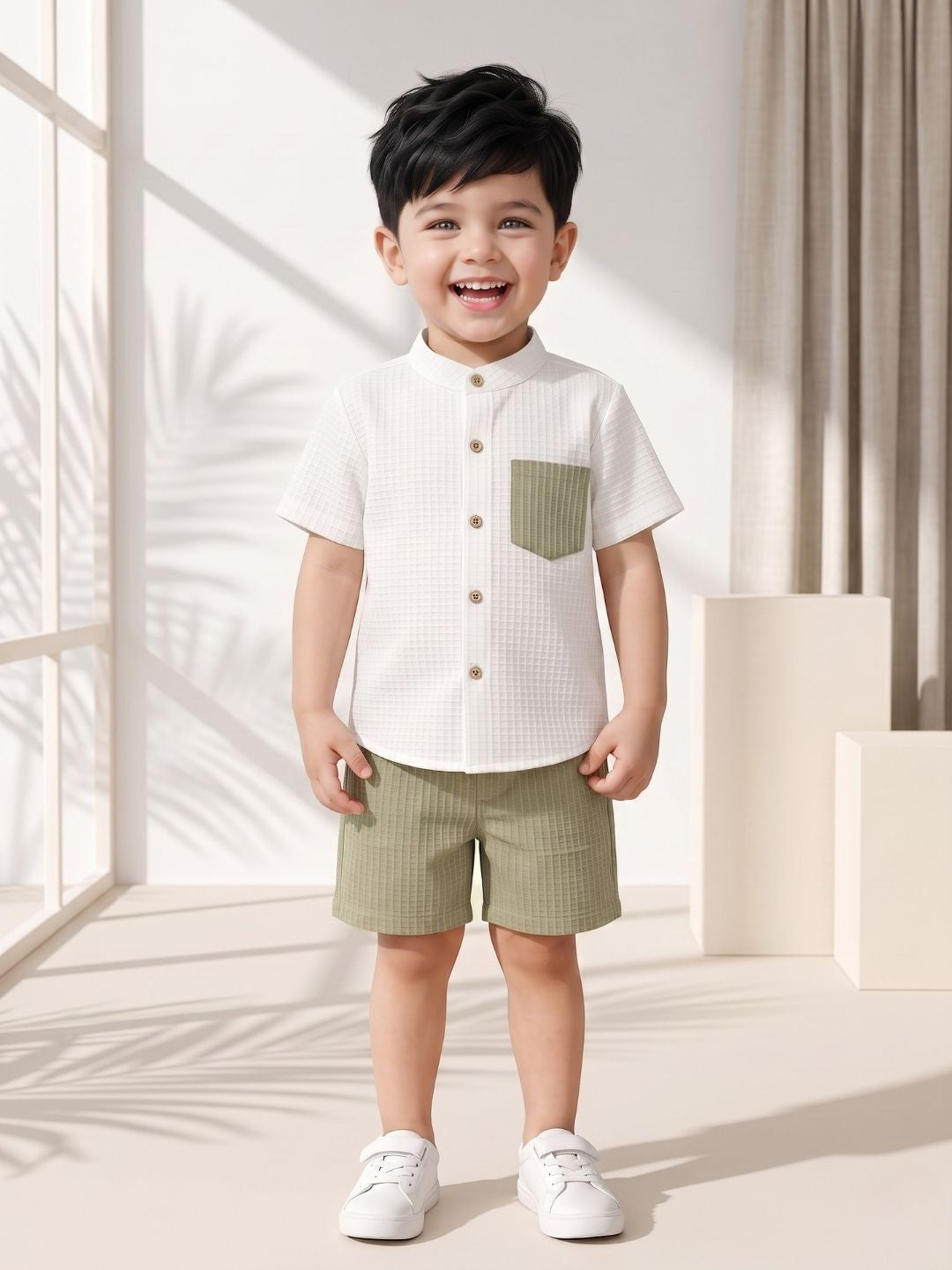 AJ Dezines Green Box Textured Waffle Fabric Cotton Blend Co-Ords For Boys