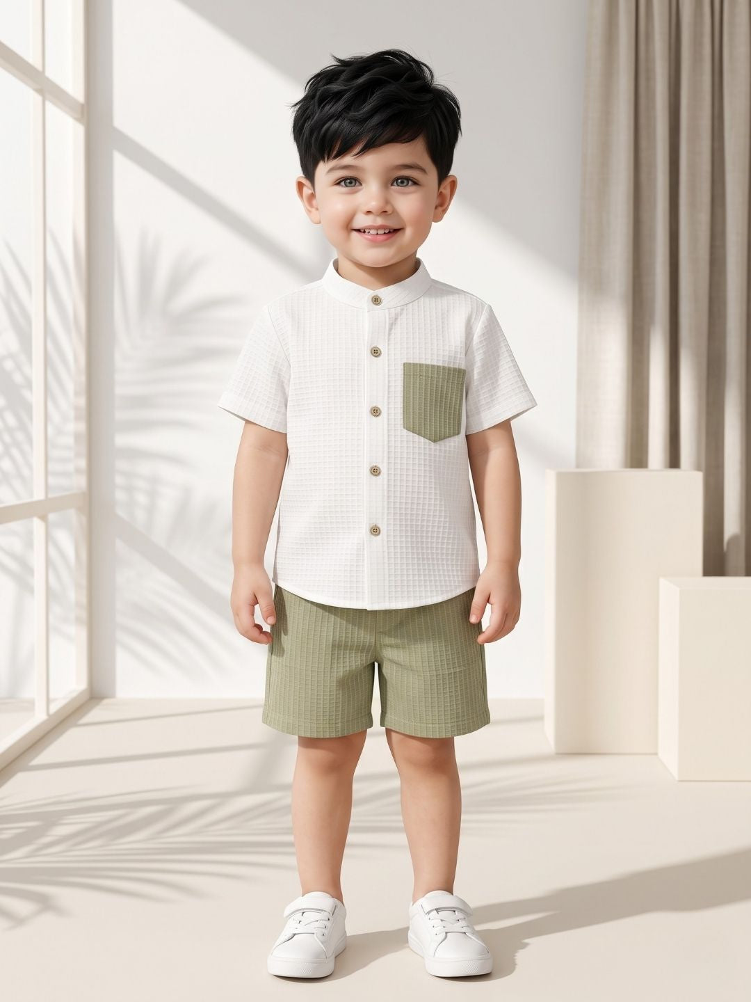 AJ Dezines Green Box Textured Waffle Fabric Cotton Blend Co-Ords For Boys