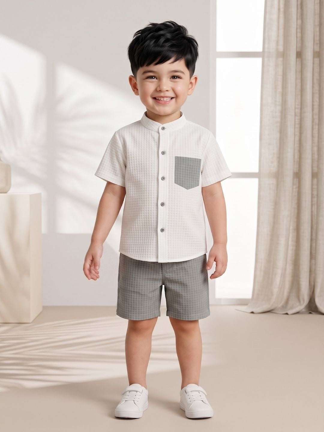 AJ Dezines Grey Box Textured Waffle Fabric Cotton Blend Co-Ords For Boys