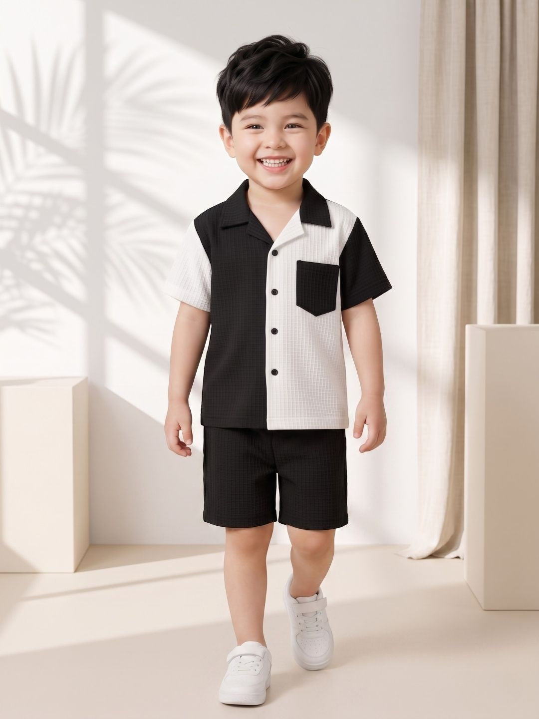 AJ Dezines Black Box Textured Waffle Fabric Color Block Cotton Blend Co-Ords For Boys
