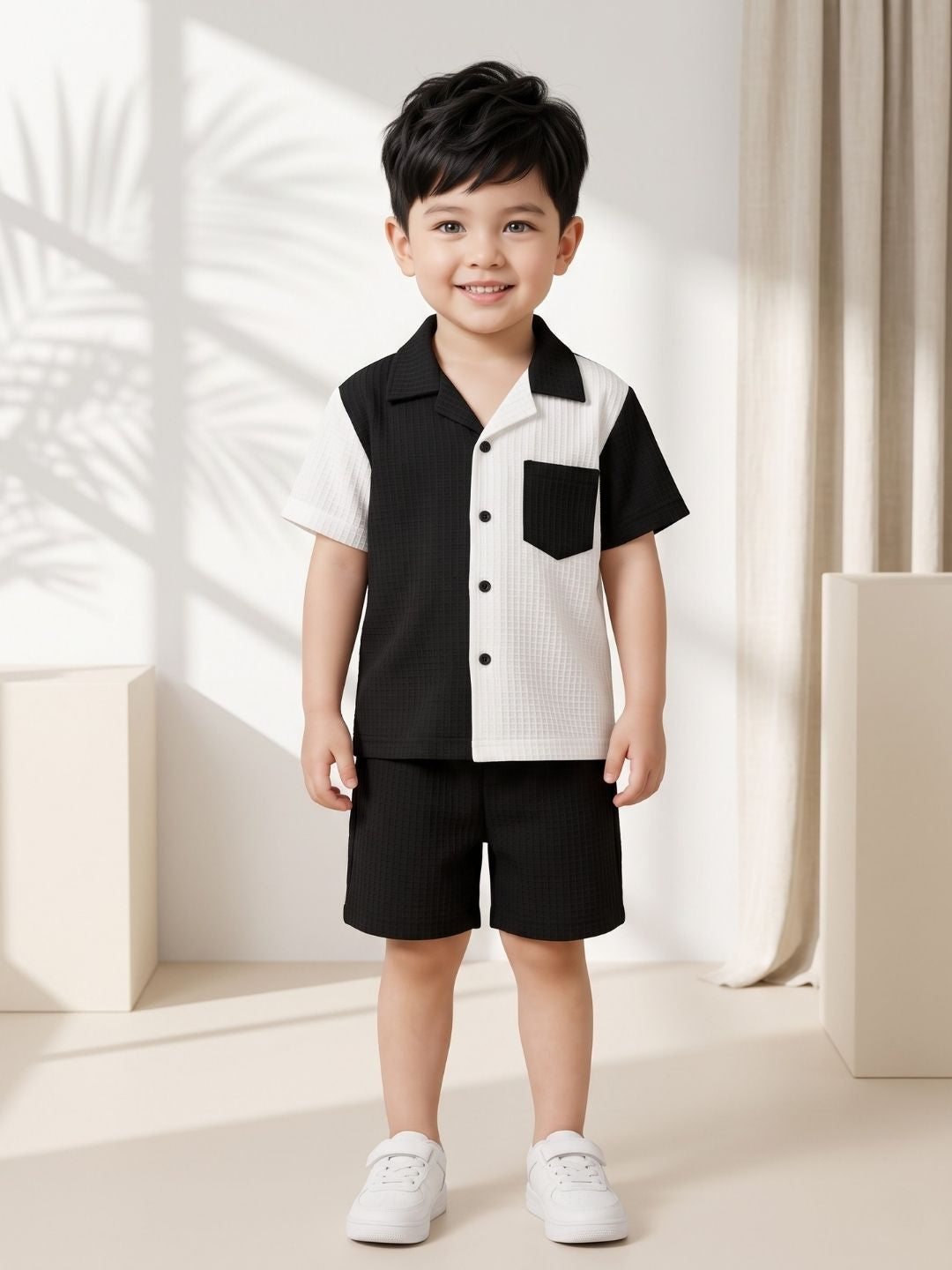 AJ Dezines Black Box Textured Waffle Fabric Color Block Cotton Blend Co-Ords For Boys