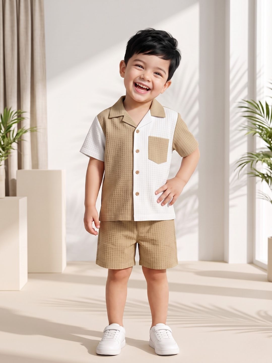 AJ Dezines Brown Box Textured Waffle Fabric Color Block Cotton Blend Co-Ords For Boys