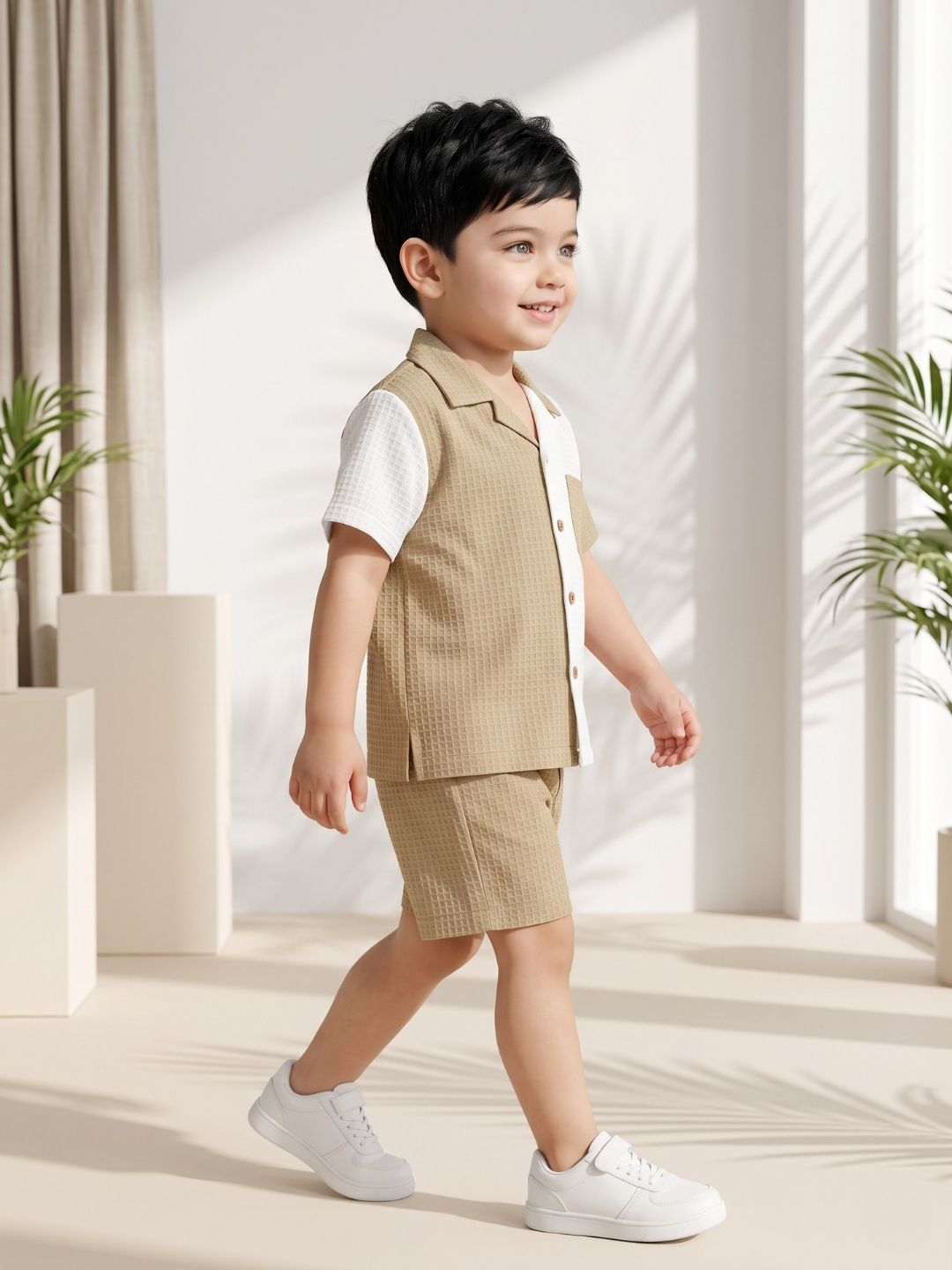 AJ Dezines Brown Box Textured Waffle Fabric Color Block Cotton Blend Co-Ords For Boys