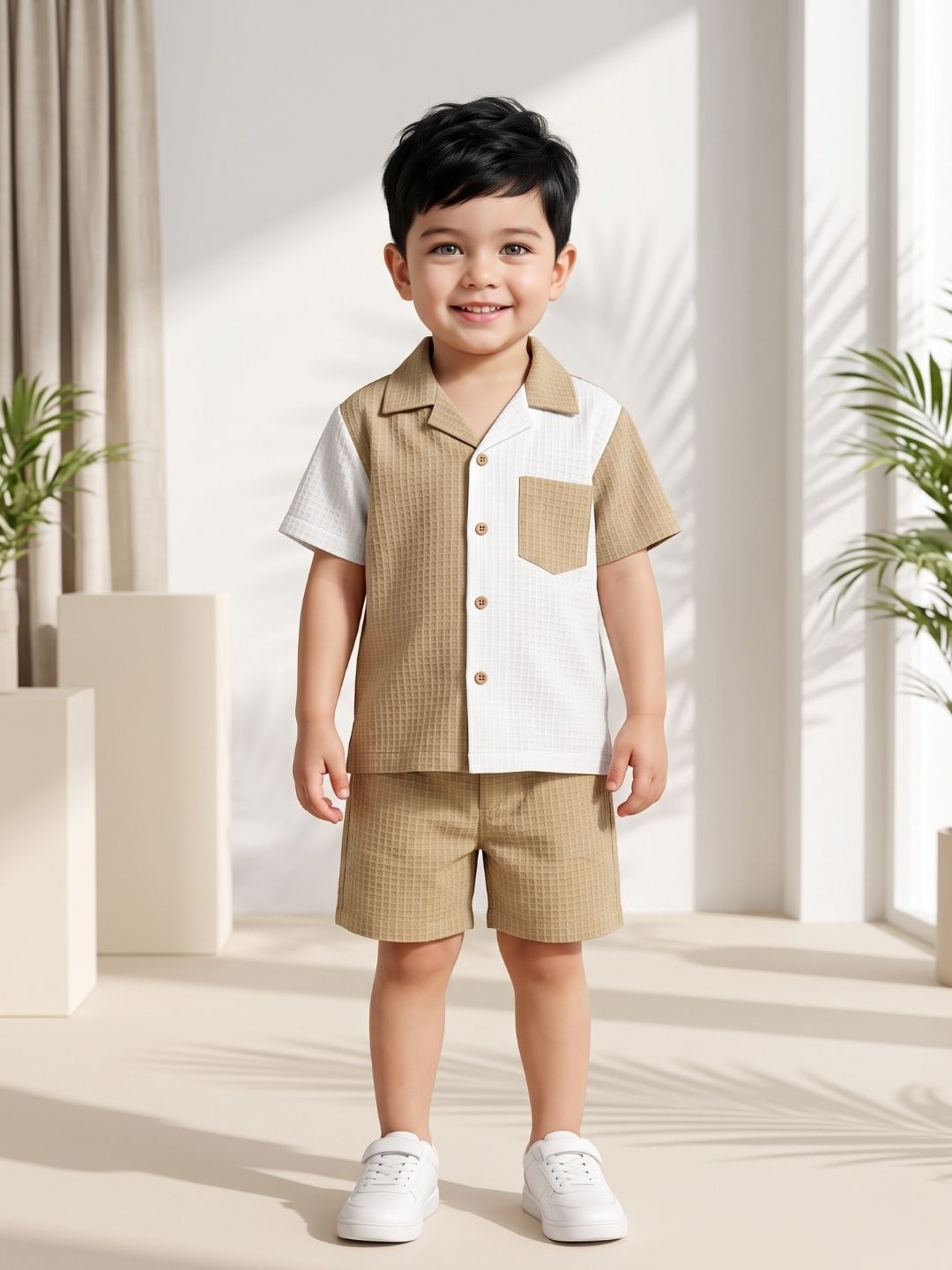 AJ Dezines Brown Box Textured Waffle Fabric Color Block Cotton Blend Co-Ords For Boys