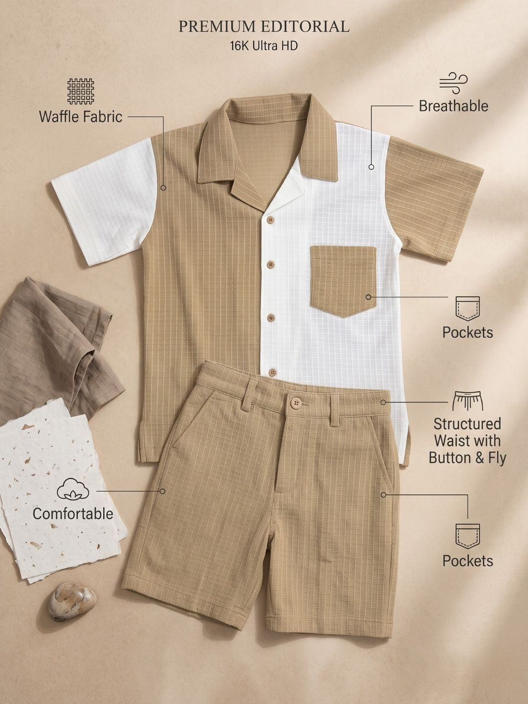 AJ Dezines Brown Box Textured Waffle Fabric Color Block Cotton Blend Co-Ords For Boys