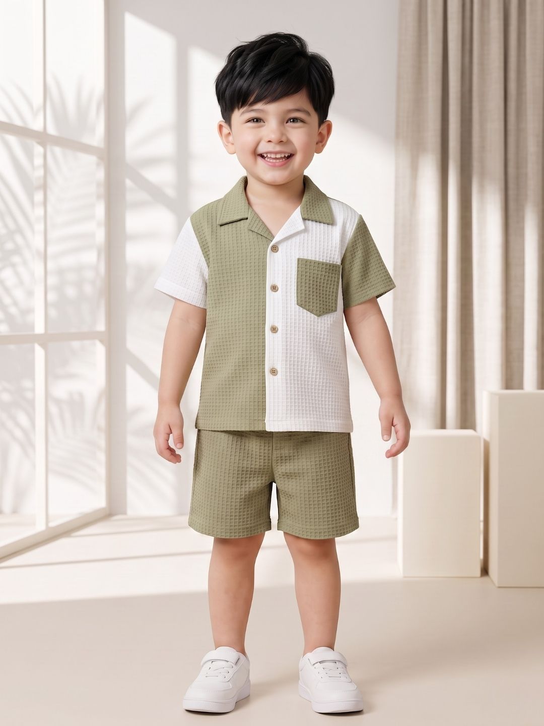 AJ Dezines Green Box Textured Waffle Fabric Color Block Cotton Blend Co-Ords For Boys