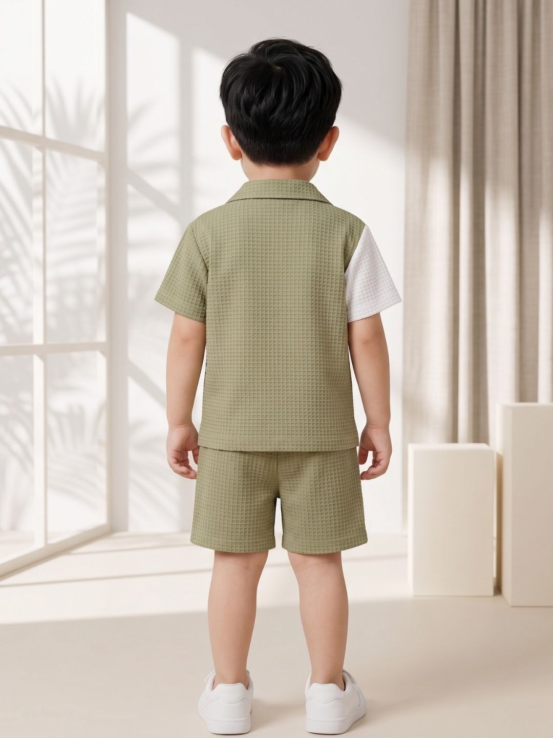 AJ Dezines Green Box Textured Waffle Fabric Color Block Cotton Blend Co-Ords For Boys
