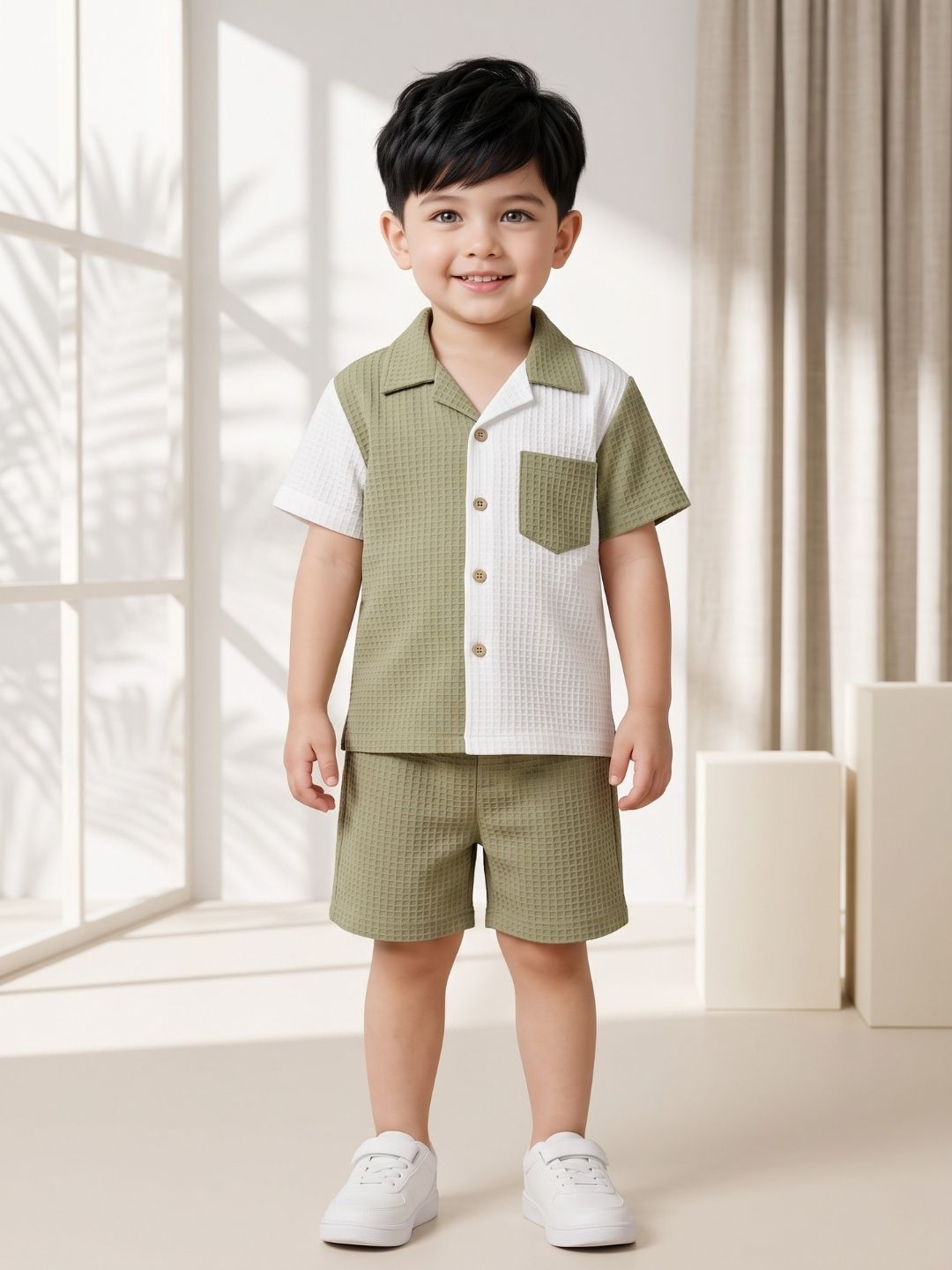 AJ Dezines Green Box Textured Waffle Fabric Color Block Cotton Blend Co-Ords For Boys